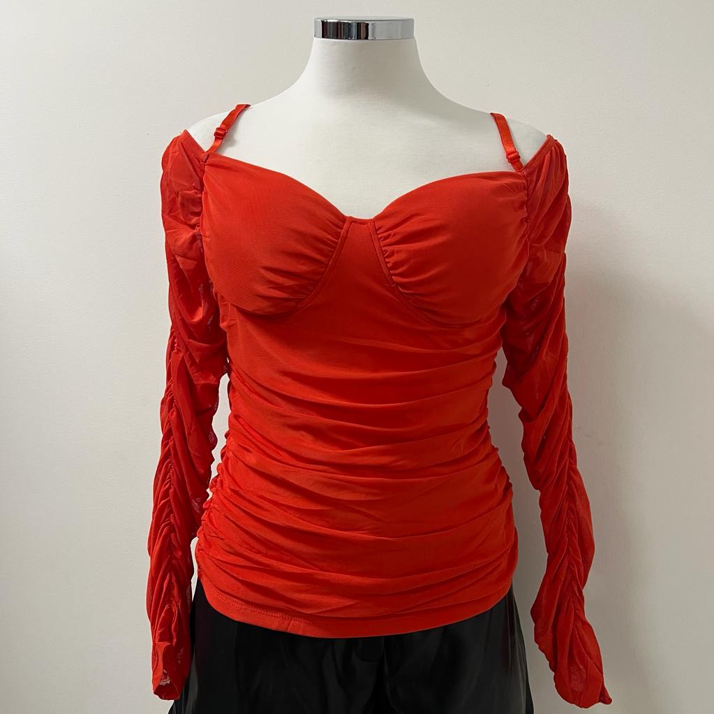 Sol Off Shoulder Sheer Mesh Ruched Top- Red