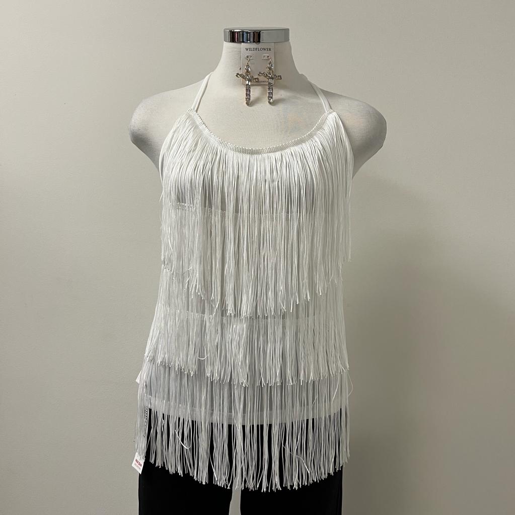 Josie Fringe Halter Cami Top PL-White