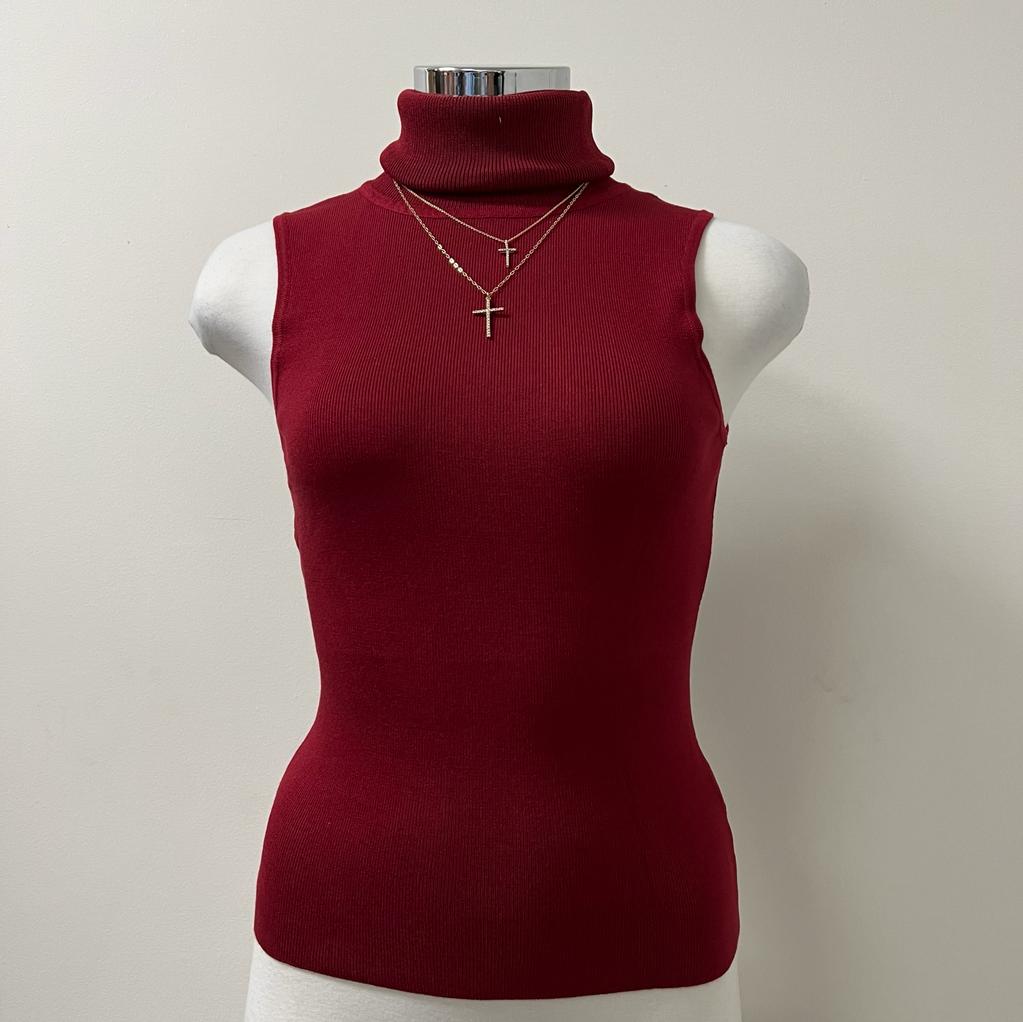 Rina Sleeveless Turtle Neck Sweater Knit Top-Burgundy