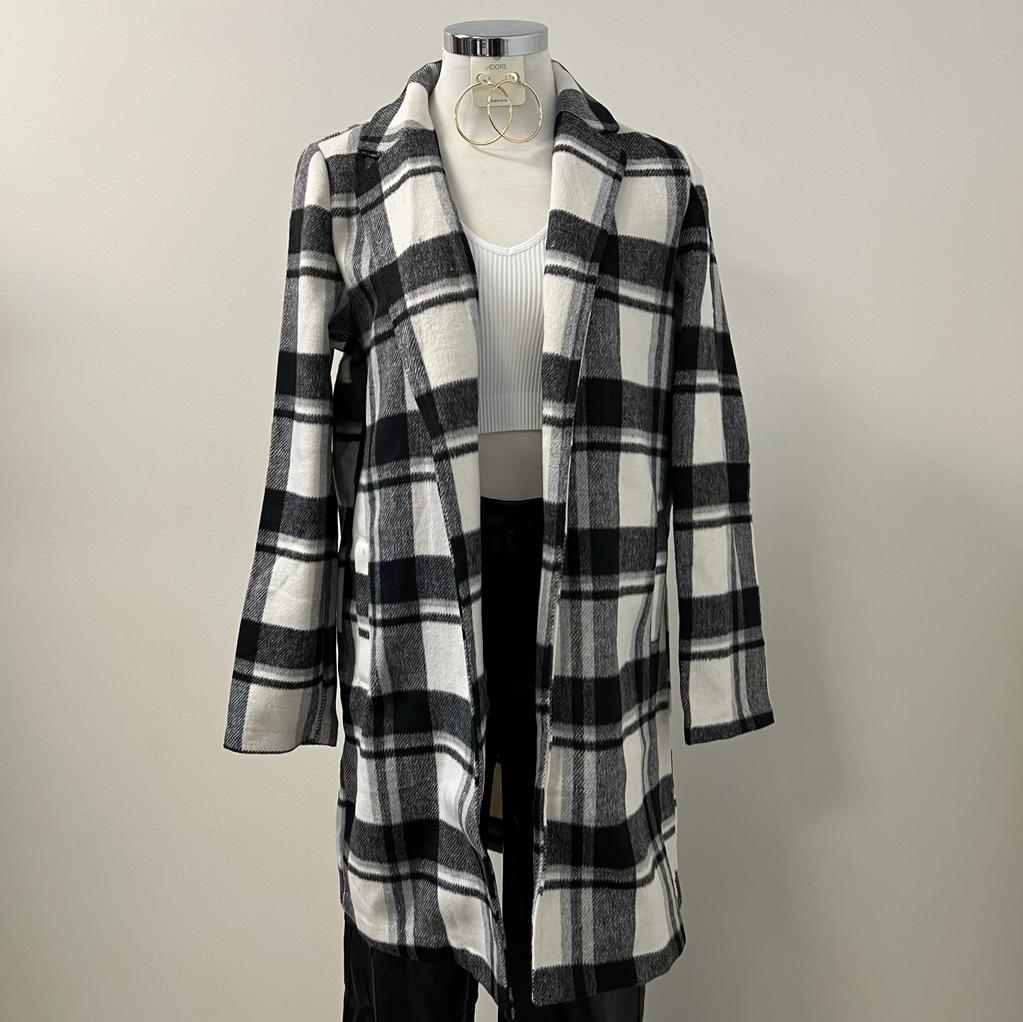 Laila Collared Plaid Wool Blend Full Coat -Black