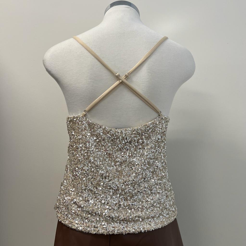 Iris Cowl Neck Sequin Top- Cream