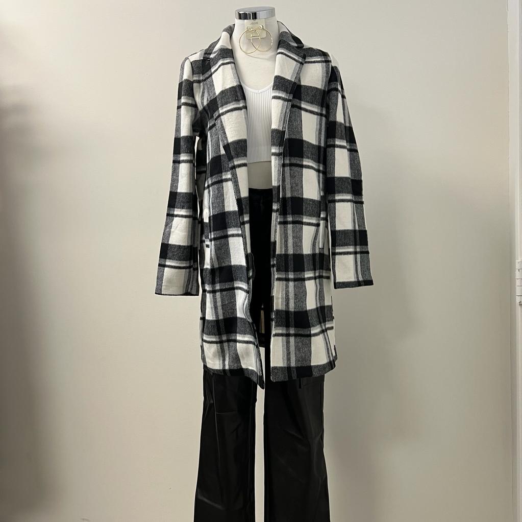 Laila Collared Plaid Wool Blend Full Coat -Black