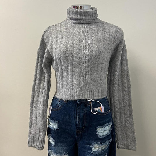 Lea High Neck Cable Knit Cropped Sweater Top-HGrey