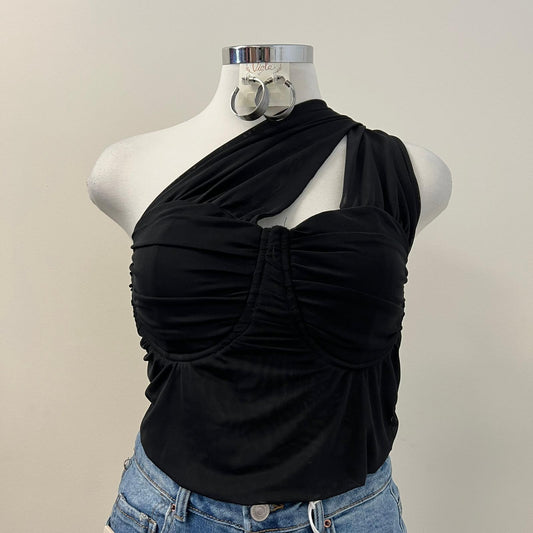 Nany One shoulder Mesh Top -Black