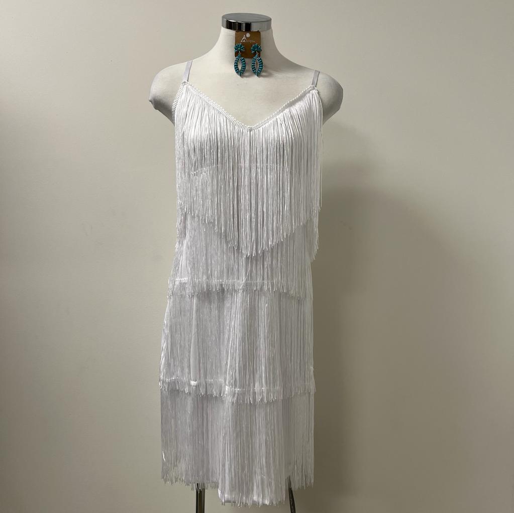 Harper Fringe Flapper Dress PL- White